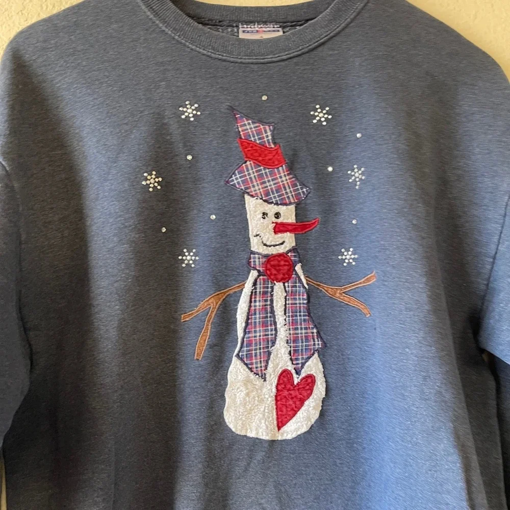 Vintage Snowman Graphic Sweatshirt Blue Christmas Crew Neck‎ Pullover Top Small